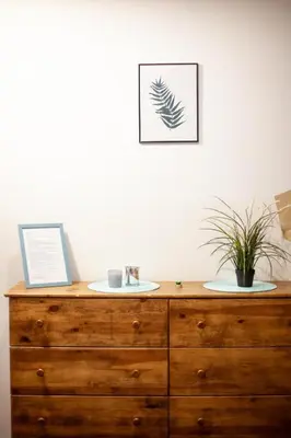 a wooden dresser with a laptop on top of it at Wow Wow Apartment in Prague