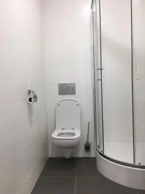 a white bathroom with a toilet and a shower at AeroRooms in Prague