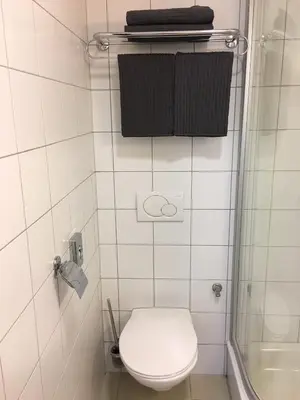 a white bathroom with a toilet and a shower at AeroRooms in Prague