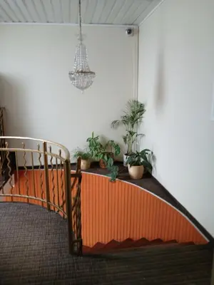 a room with a staircase with potted plants on it at Apartmány Sedmikráska in Tehovec