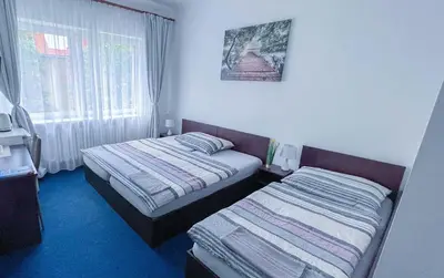 a hotel room with two beds and a window at Minihotel Vitex in Prague