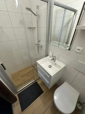 a bathroom with a sink and a shower and a toilet at Minihotel Vitex in Prague