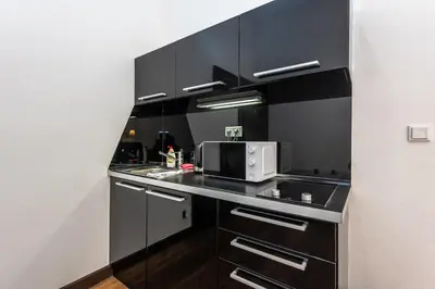 a kitchen with black cabinets and a microwave at Apartrezidence Opletalova in Prague