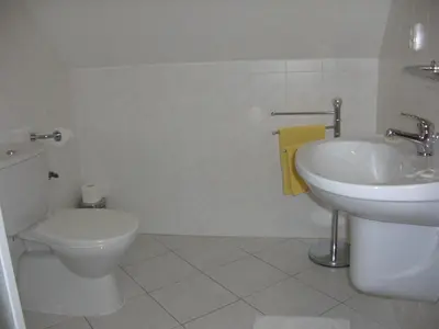 a white bathroom with a toilet and a sink at Pension Olga in Klecany
