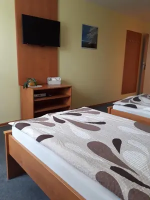 a hotel room with two beds and a television at Pension Olga in Klecany