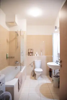 a bathroom with a toilet and a sink and a shower at Apartment Tereza in Prague