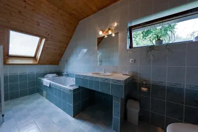 a bathroom with a sink and a tub and a window at Penzion Linhart in Poděbrady