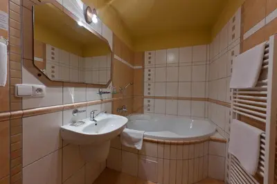 a white bathroom with a sink and a mirror at Penzion Linhart in Poděbrady