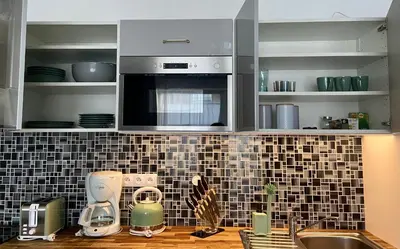 a kitchen with a sink and a counter with appliances at New residence apartments near Wenceslas Square in Prague