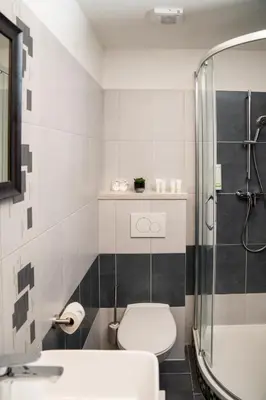 a bathroom with a toilet and a shower at Hotel Grunt in Mladá Boleslav