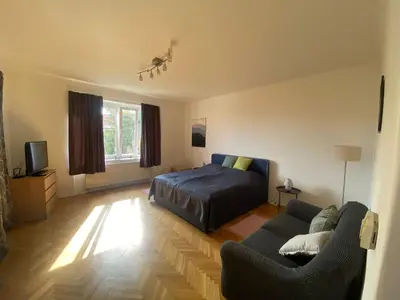 a bedroom with a bed and a couch at Vila Malvazinky in Prague