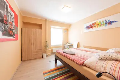 a bedroom with a large bed in a room at Cozy room at metro station, private bathroom, 9minutes oldtown, 15minutes airport, WiFi in Prague