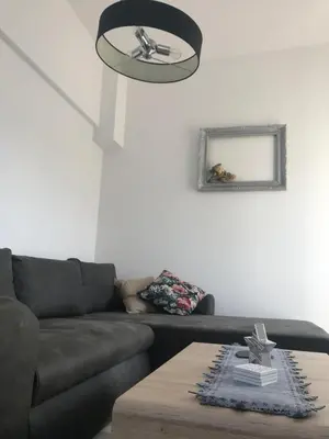 a living room with a brown couch and a table at Apartman Harmonia Poděbrady 60m2 in Poděbrady