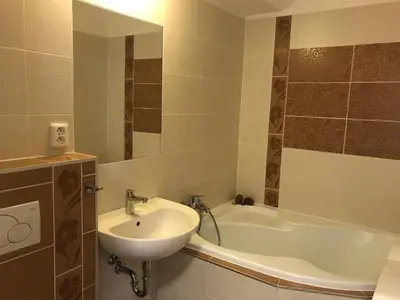 a bathroom with a sink and a bath tub at Apartman Harmonia Poděbrady 60m2 in Poděbrady