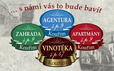 a group of signs with different cities andnames at Apartmány č.p. 9 in Kouřim