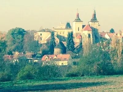 a group of buildings on a hill with trees at Apartmány č.p. 9 in Kouřim
