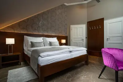 a bedroom with a large bed and a purple chair at Hotel Anna in Beroun
