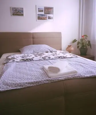 a bed with two white towels sitting on it at Apartment Anna Vysehrad in Prague