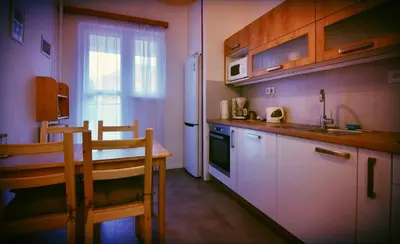 a small kitchen with a table and a sink at Apartment Anna Vysehrad in Prague