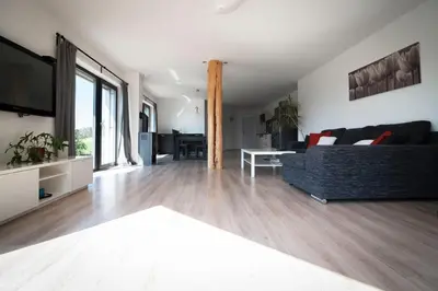 a living room with a couch and a tv at Wellness bungalov - vodní nádrž Slapy - 40km od Prahy in Nečín
