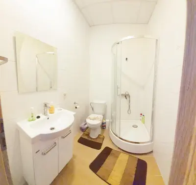 a bathroom with a sink and a shower and a toilet at KK Apartments in Prague