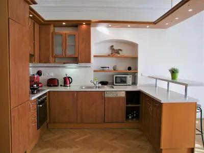 a kitchen with wooden cabinets and a sink at Charles Bridge Apartments in Prague