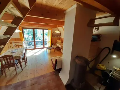 an overhead view of a dining room and living room with a table at Holiday home Zajícovi in Rabyně