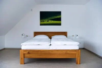 a bed with two white pillows on top of it at Dvůr Perlová voda in Budyně nad Ohří