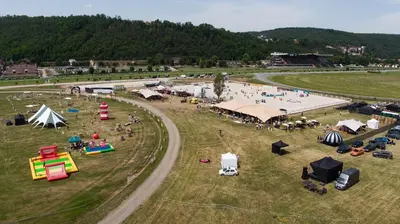 an aerial view of a fair with people and tents at B&B Chuchle Arena Praha in Prague