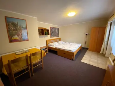 a small room with a bed and a table at Penzion Pod Zámkem in Pruhonice