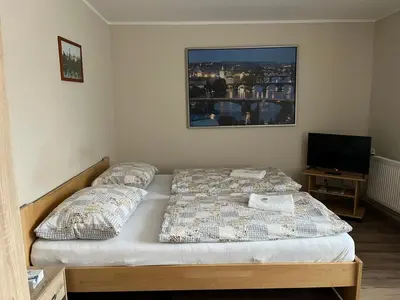 a bedroom with a bed and a flat screen tv at Penzion Pod Zámkem in Pruhonice