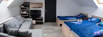 a living room with two beds and a couch at V sadu in Lysá nad Labem