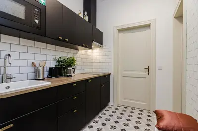 a kitchen with black cabinets and a white sink at Royal Apartments Prague by Michal&Friends in Prague