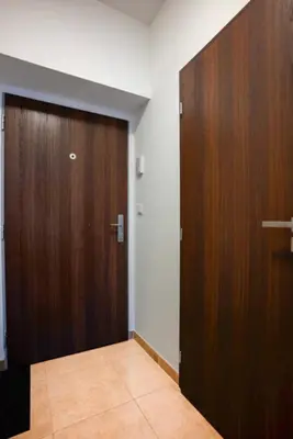a large wooden door in a room at Modern Studio in Prague 7 in Prague