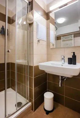 a bathroom with a sink and a shower at Modern Studio in Prague 7 in Prague