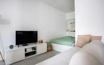 a living room with a couch and a flat screen tv at Modern Studio in Prague 7 in Prague