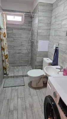 a bathroom with a toilet and a sink and a shower at Apartmán Mírová 472 B in Milovice