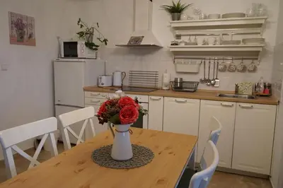 a kitchen with a table with a vase of flowers on it at Studio Boroví in Karlštejn
