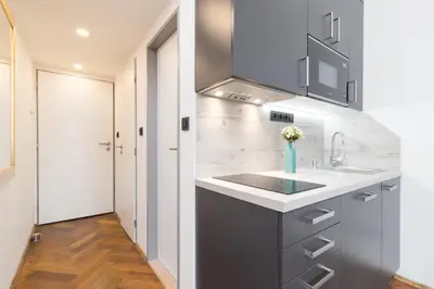 a kitchen with a sink and a counter at Awesome Stay Studios in Prague