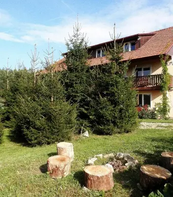 a yard with tree stumps in front of a house at Apartment Boroví in Karlštejn