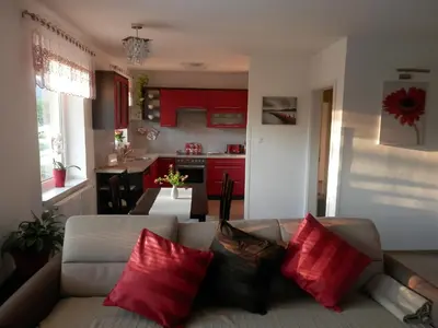 a living room with a couch and red pillows at Apartment Boroví in Karlštejn