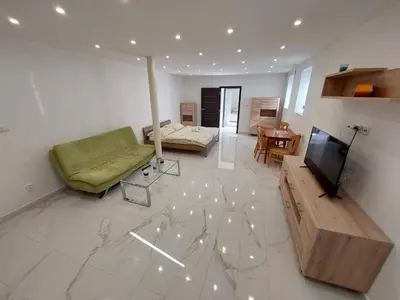 a living room with a green couch and a television at Vehlovice Apartments in Mělník