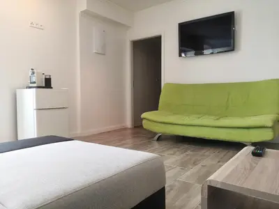 a living room with a green couch and a tv at Vehlovice Apartments in Mělník