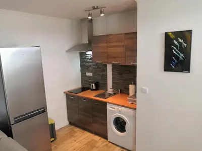a kitchen with a refrigerator and a washing machine at Vehlovice Apartments in Mělník