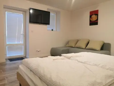 a bedroom with a bed and a couch and a flat screen tv at Vehlovice Apartments in Mělník