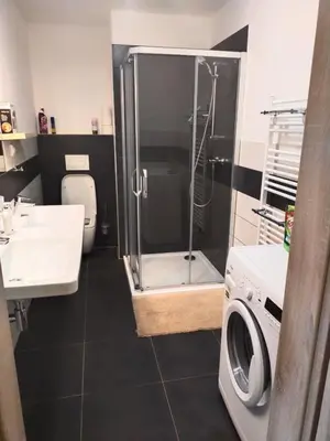 a bathroom with a shower and a washing machine at Apartmán Karolína in Poděbrady