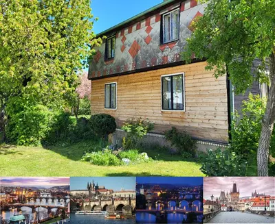 a collage of photos of a building at Old Summer House with renovated bathroom in Prague