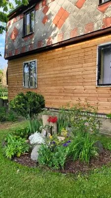 a garden in front of a house with flowers at Old Summer House with renovated bathroom in Prague