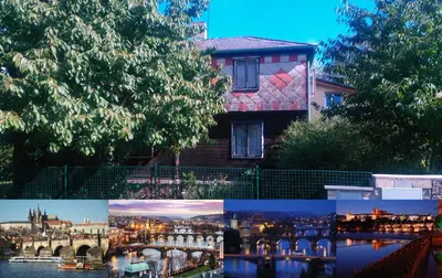 a collage of photos of a house and a river at Old Summer House with renovated bathroom in Prague