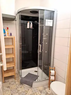 a shower with a glass door in a bathroom at Magnificent apartment in the center of Prague in Prague